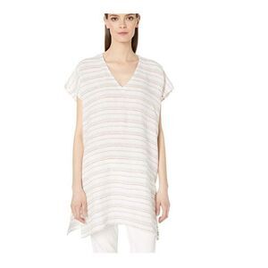 Eileen Fisher White Striped V Neck Organic Linen Tunic Womens Sz S/M Beachy